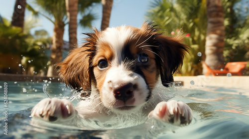 Puppy swims in a pool with palm tree on background, Generative Ai