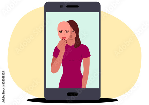 Clip art of a woman holding a mask on a social media profile, dissemblance, beauty filter app