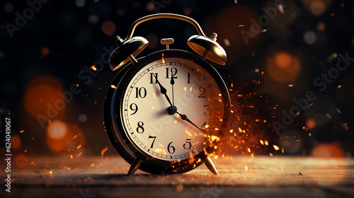 Retro black alarm clock dissolving into a little particles for time can not return and never wait anyone   Time management concept  Generative Ai