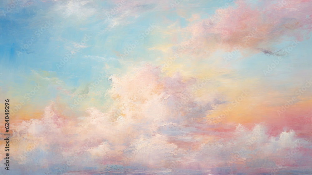 Whimsical textured clouds floating in a bright sky, colorful art, multicolored oil art texture pictures Generative AI
