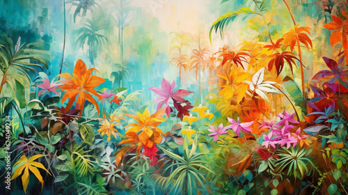 Vibrant tropical foliage in a textured jungle scene  colorful art  multicolored oil art texture pictures Generative AI