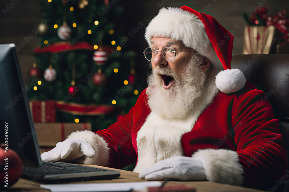 Santa Claus Busy at Work Amazed Santa Sitting at a Desk Surrounded by Christmas Decorations and Gift Lists. created with Generative AI Santa Claus Busy at Work Amazed Santa Sitting at a Desk Surrounded by Christmas Decorations and Gift Lists. created with Generative AI