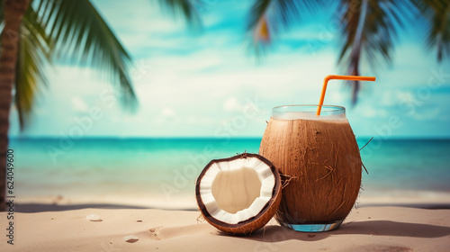 Tropical coconut summer drink fruit juice on healthy beach fresh nature background with refreshment natural beverage paradise vacation umbrella concept or organic coco holiday dessert  Generative Ai