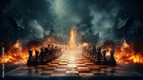 Fotografiet Versus or VS battle on chessboard with dark and fire ball background for competi