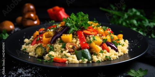  Light and Fresh Vegan Dish - Couscous and Vegetables (Zucchini, Eggplant, Carrots, Sweet Peppers, Onions, Parsley) - Presented on a Black Background Generative AI Digital Illustration