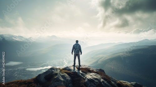 Man on top of mountain landscape. Modified Generative Ai Image. © AtoZ Studio