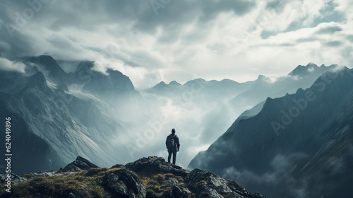 Man on top of mountain landscape