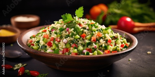  Tabbouleh Temptation - Traditional Arabic Salad with Couscous, Vegetables, and Greens - Served on a Concrete Background Generative AI Digital Illustration