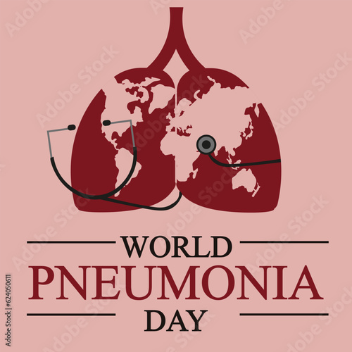 World Pneumonia Day banner in Trendy minimal style. Human Lungs with Map of Earth and stethoscope. Contemporary Medicine poster with Lungs. Vector illustration.