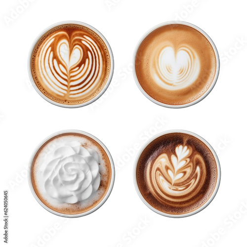 Top view of hot coffee cappuccino spiral milk foam isolated on white background, set of with clipping path