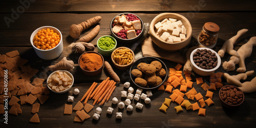 Still life of assorted premium pet food and treats displayed on a rustic wooden table. Natural window light, overhead view