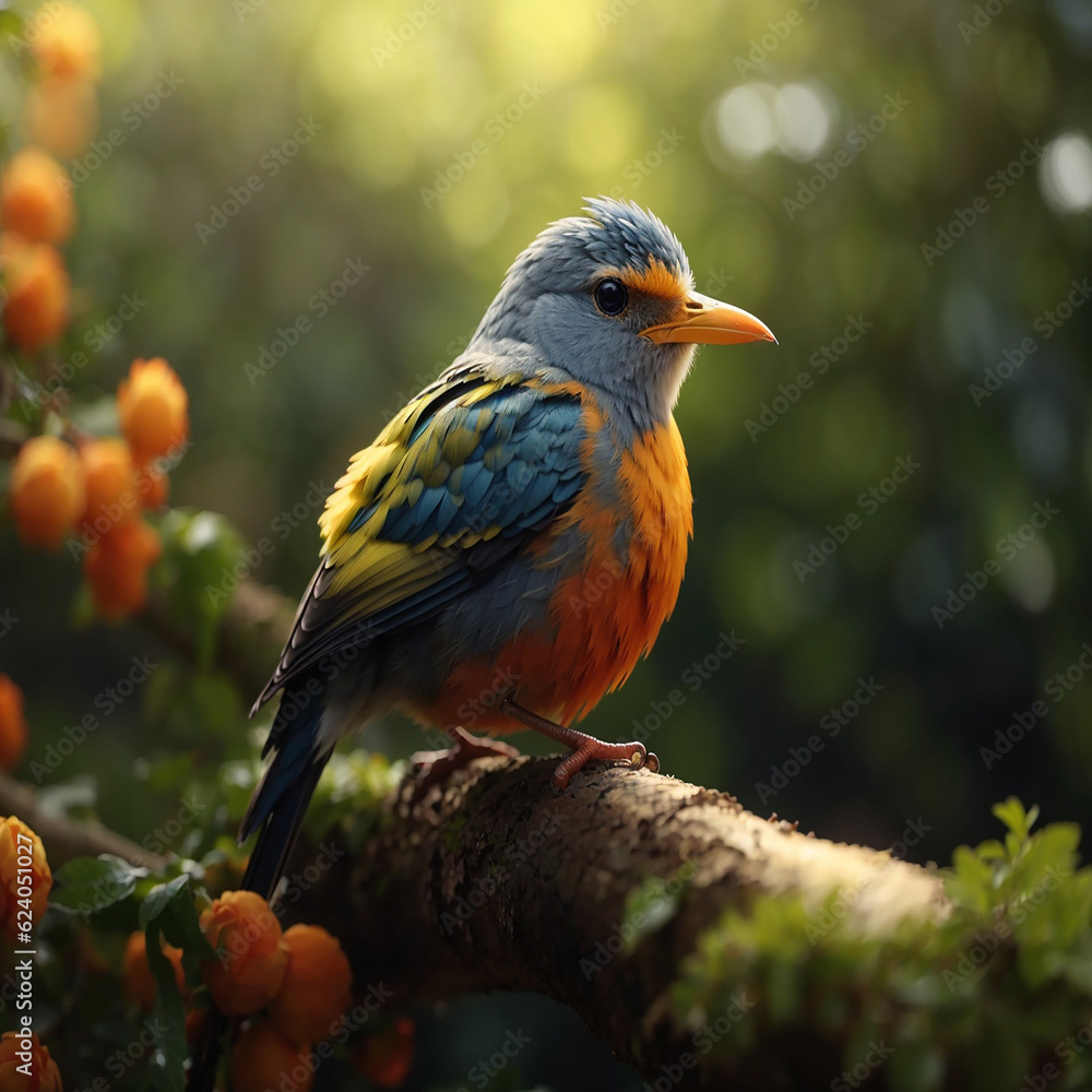 a bird perched on a branch with pink and blue flowers Generated by AI. a bird perched on a branch with pink and blue flowers Generated by AI.