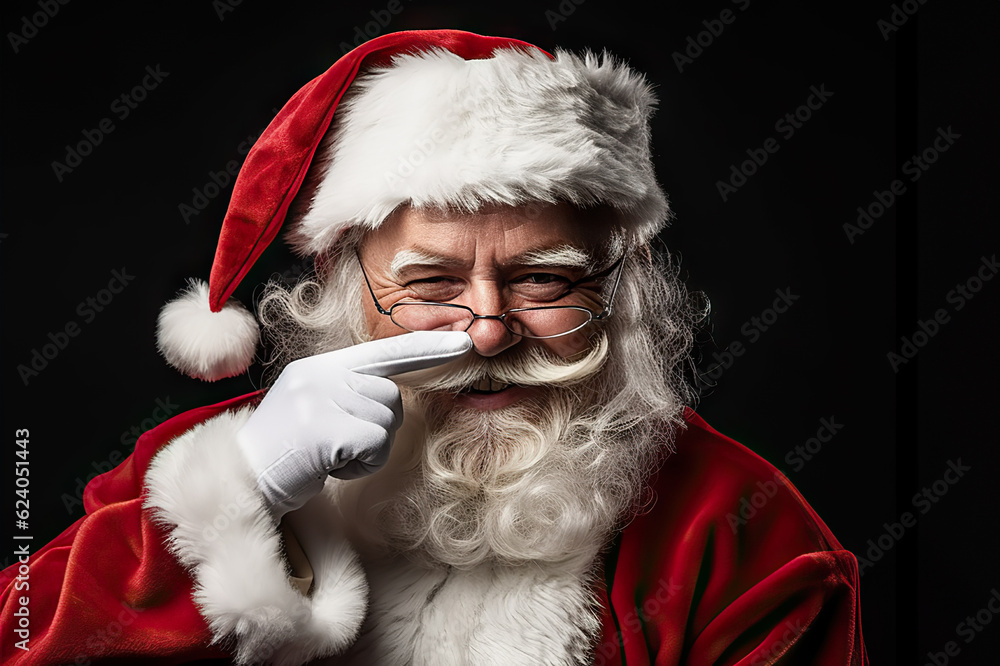 Naklejka premium Cheeky Santa Claus: Playful Man Wearing Santa Claus Costume Winking with Holiday Charm. created with Generative AI