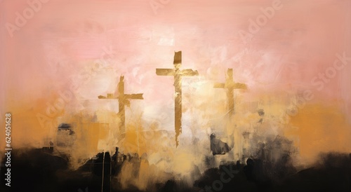 Crosses of Jesus Christ in a foggy day. Easter background.