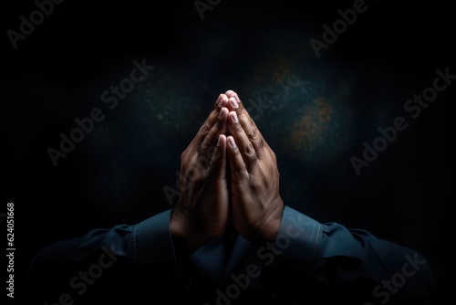 Foto Close up of man praying with hands clasped together against dark background