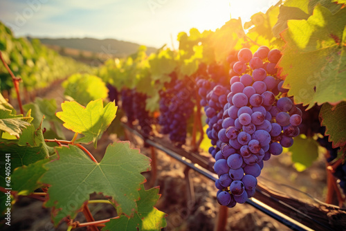 Grapes ready for harvesting hang from grapevines in a vineyard as the late afternoon sun sets over the rolling hills in the distance.