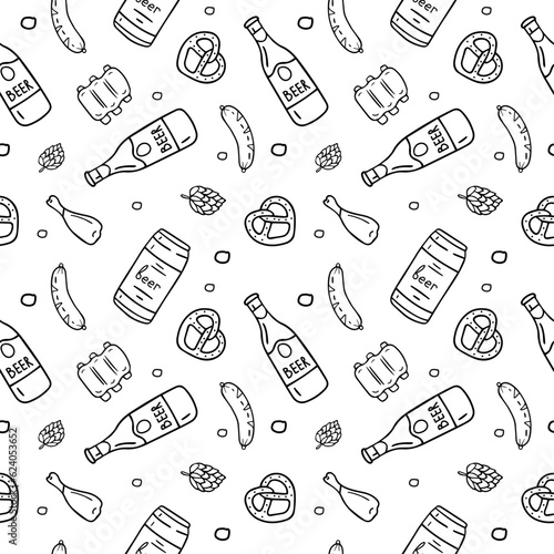 Seamless pattern vector beer. Doodle style isolated on white background.