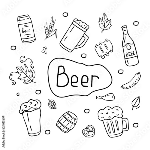 Hand drawn beer illustration set. Doodle style isolated on white background.