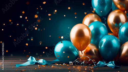 Golden and blue balloons with a confetti and ribbons. AI generated.