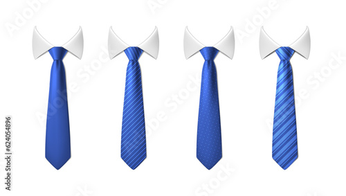 3d realistic vector icon illustration set. Neck blue tie with white collar with different stripe pattern.
