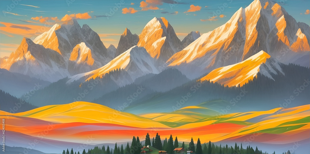 Alps landscape paint. AI generated illustration