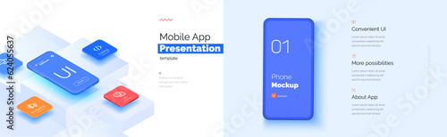 Modern presentation of a mobile application. Mobile phone mockup on a yellow background with a description of the mobile application. Modern illustration 3D style.