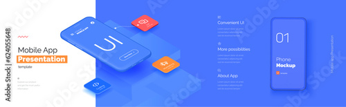 Modern presentation of a mobile application. Mobile phone mockup on a yellow background with a description of the mobile application. Modern illustration 3D style.