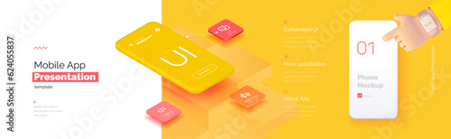 Modern presentation of a mobile application. Mobile phone mockup on a yellow background with a description of the mobile application. Modern illustration 3D style.