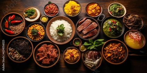 brazilian Gastronomic Delights Unveiled - Aerial Perspective of Culinary Bliss - Vibrant Colors and Mouthwatering Flavors Generative AI Digital Illustration