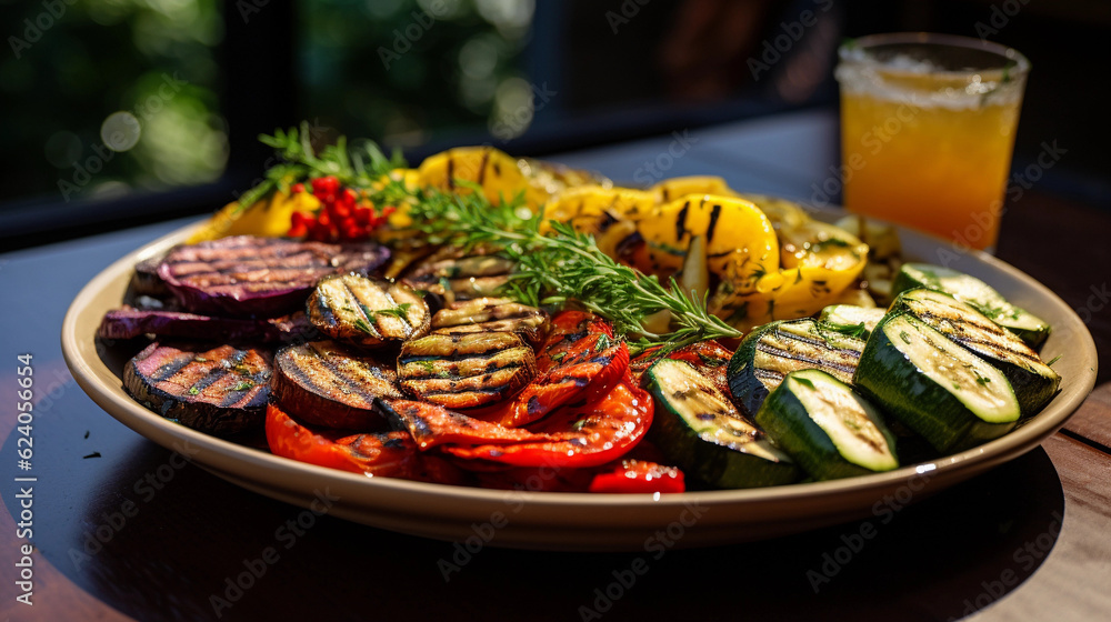 A platter of Mediterranean-style grilled vegetables, including zucchini, bell peppers, and eggplant