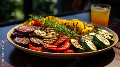 A platter of Mediterranean-style grilled vegetables, including zucchini, bell peppers, and eggplant