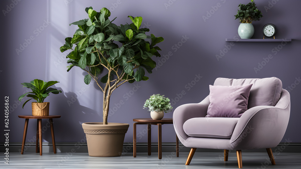 Modern interior of lounge and living room design and purple wall background for house advertising Generative AI