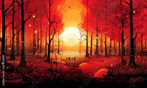  a painting of a sunset in a red forest with birds.  generative ai