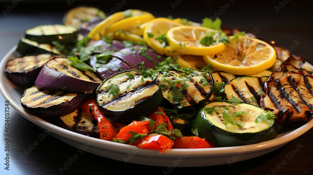 A platter of Mediterranean-style grilled vegetables, including zucchini, bell peppers, and eggplant A platter of Mediterranean-style grilled vegetables, including zucchini, bell peppers, and eggplant