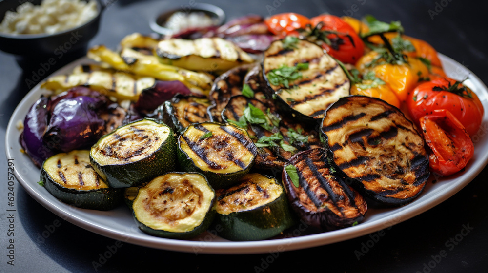 A platter of Mediterranean-style grilled vegetables, including zucchini, bell peppers, and eggplant A platter of Mediterranean-style grilled vegetables, including zucchini, bell peppers, and eggplant