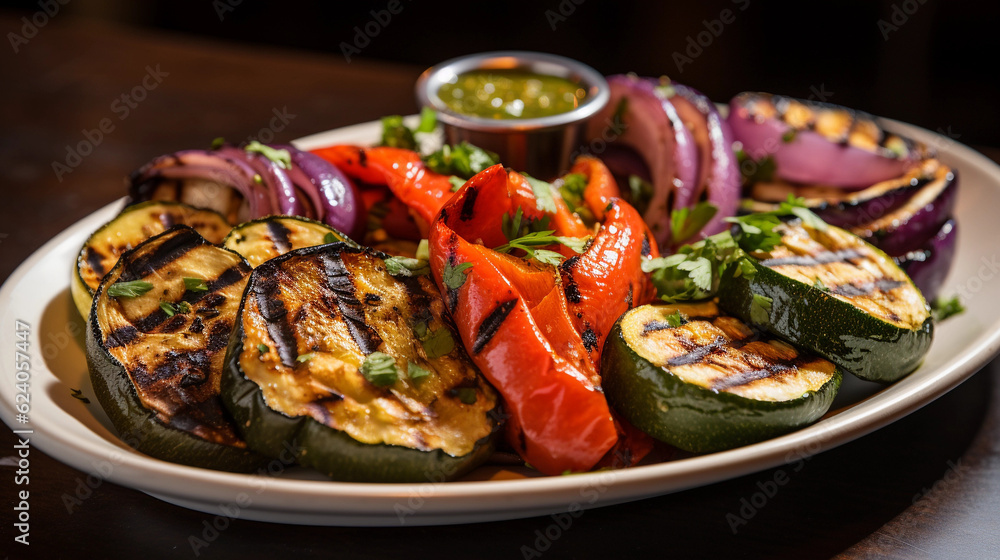 A platter of Mediterranean-style grilled vegetables, including zucchini, bell peppers, and eggplant A platter of Mediterranean-style grilled vegetables, including zucchini, bell peppers, and eggplant