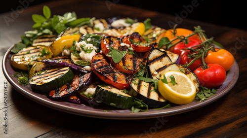 A platter of Mediterranean-style grilled vegetables, including zucchini, bell peppers, and eggplant