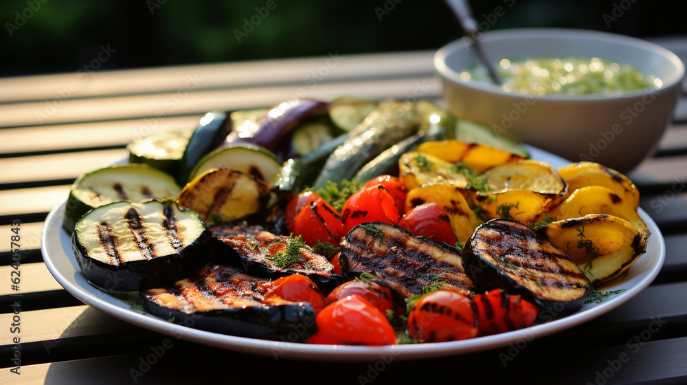 A platter of Mediterranean-style grilled vegetables, including zucchini, bell peppers, and eggplant A platter of Mediterranean-style grilled vegetables, including zucchini, bell peppers, and eggplant