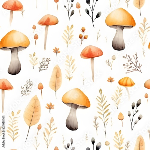 Watercolor brown mushroom seamless pattern wallpaper background, ai generated