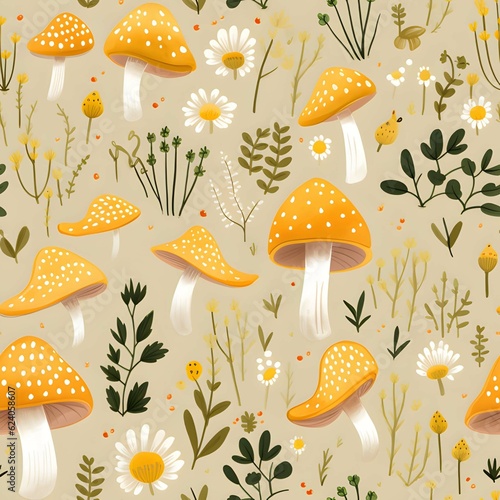 Yellow watercolor mushroom seamless pattern wallpaper background  ai generated