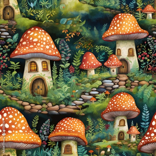 Magical woodland watercolor mushroom seamless pattern wallpaper background, ai generated