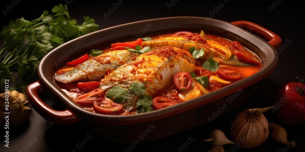 Embracing the Flavors of Brazil's Coastal Cuisine - Top View of a Modern Cast-Iron Roasting Dish - A Scrumptious Fish Stew Delight  Generative AI Digital Illustration