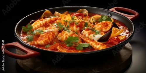 Embracing the Flavors of Brazil's Coastal Cuisine - Top View of a Modern Cast-Iron Roasting Dish - A Scrumptious Fish Stew Delight Generative AI Digital Illustration