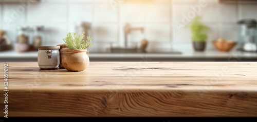Minimalist modern kitchen bench, wooden finish, bright and airy, rustic design, Generative AI