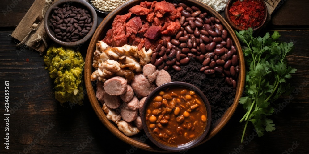 Brazilian Feijoada: A Gastronomic Delight - Top View of a Flavorful Spread - A Tapestry of Meats, Beans, and Delicacies - Abundance on Display -    Generative AI Digital Illustration