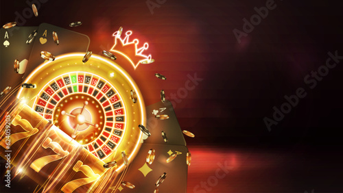 Casino poster with copy space, neon gold Casino roulette, neon slot machine, black playing cards and poker chips on dark blurred background