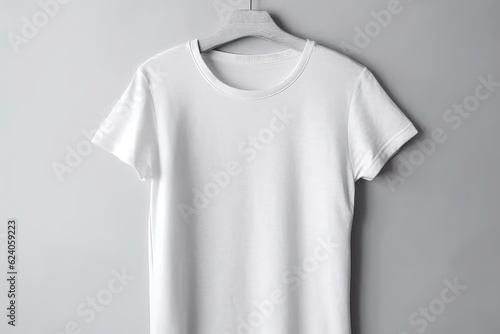 A plain white t-shirt mockup hanging on a clothes hanger. Background minimalistic grey
