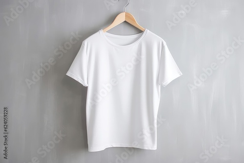 A mockup of a plain white t-shirt hanging on a clothes hanger. Background minimalistic grey with side lighting.