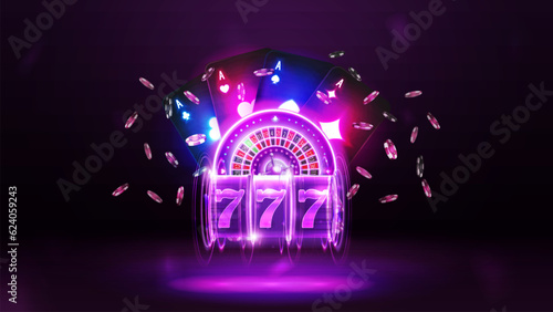 Casino poster with purple neon casino roulette, neon slot machine, neon playing cards and poker chips on dark background