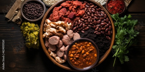 Brazilian Feijoada: A Gastronomic Delight - Top View of a Flavorful Spread - A Tapestry of Meats, Beans, and Delicacies - Abundance on Display - Generative AI Digital Illustration